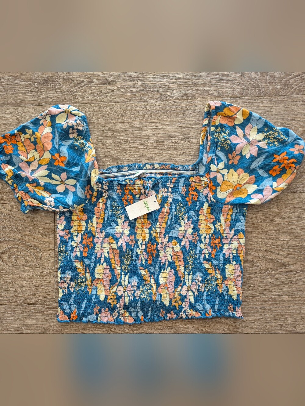 Aerin Blue Floral Smocked Off-Shoulder Top